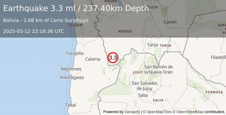 Earthquake POTOSI, BOLIVIA (3.3 ml) (2025-05-12 22:18:36 UTC)