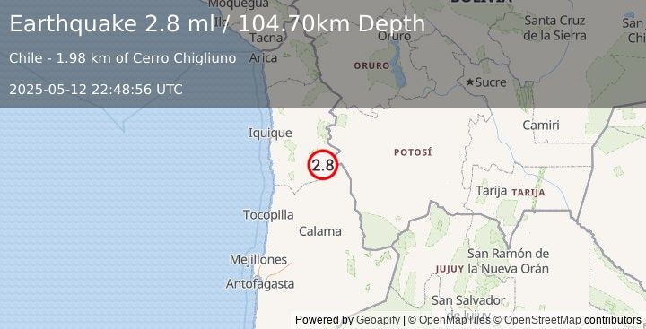 Earthquake ANTOFAGASTA, CHILE (2.8 ml) (2025-05-12 22:48:56 UTC)