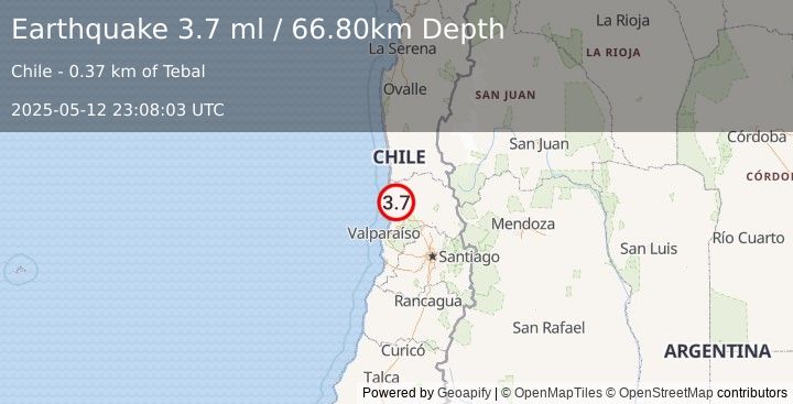 Earthquake VALPARAISO, CHILE (3.9 ml) (2025-05-12 23:08:02 UTC)
