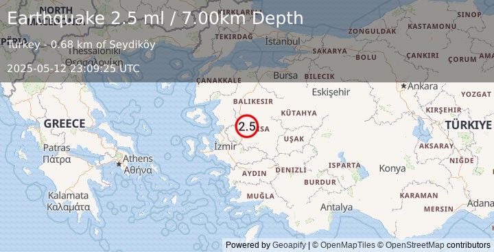 Earthquake WESTERN TURKEY (2.5 ml) (2025-05-12 23:09:25 UTC)