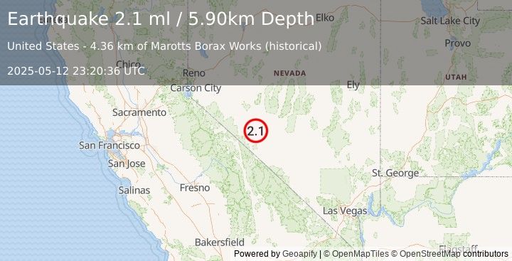 Earthquake NEVADA (2.1 ml) (2025-05-12 23:20:36 UTC)