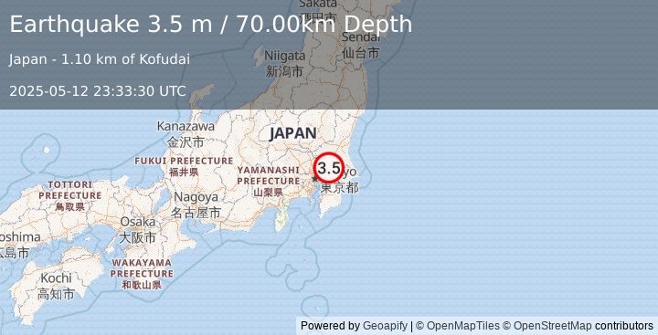 Earthquake NEAR EAST COAST OF HONSHU, JAPAN (3.5 m) (2025-05-12 23:33:30 UTC)