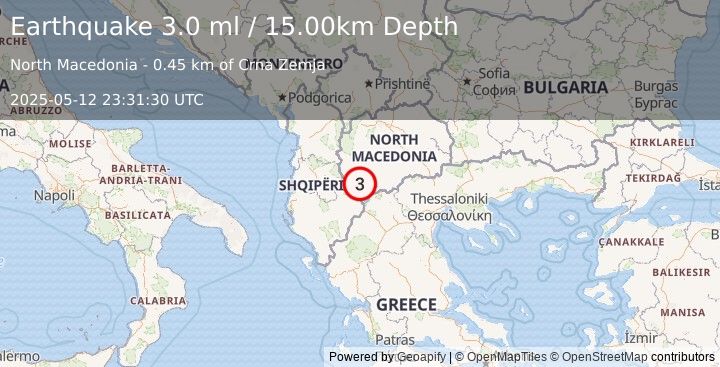 Earthquake REPUBLIC OF NORTH MACEDONIA (3.0 ml) (2025-05-12 23:31:30 UTC)