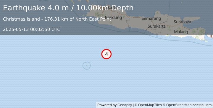 Earthquake SOUTH OF JAVA, INDONESIA (4.0 m) (2025-05-13 00:02:50 UTC)