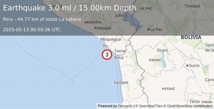 Earthquake OFF COAST OF TARAPACA, CHILE (3.0 ml) (2025-05-13 00:50:36 UTC)