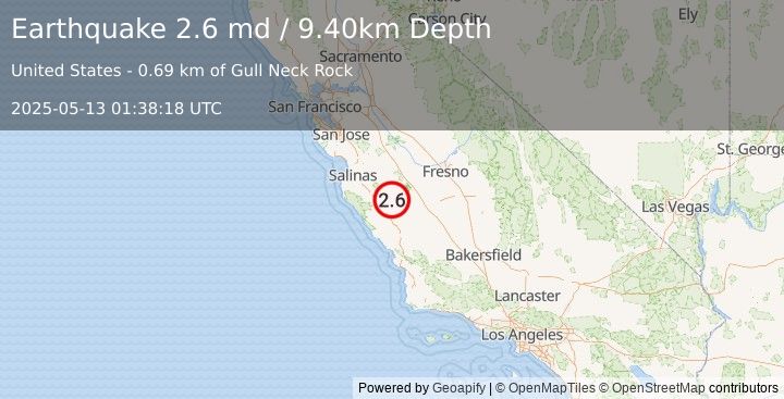 Earthquake CENTRAL CALIFORNIA (2.6 md) (2025-05-13 01:38:18 UTC)