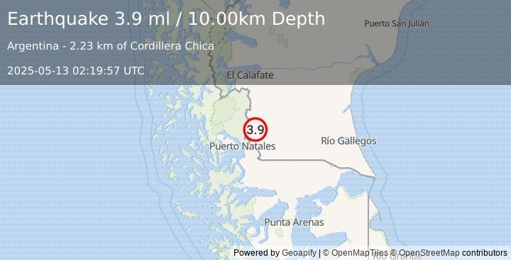 Earthquake SANTA CRUZ, ARGENTINA (3.9 ml) (2025-05-13 02:19:57 UTC)