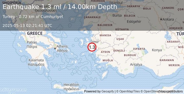 Earthquake NEAR THE COAST OF WESTERN TURKEY (1.3 ml) (2025-05-13 02:21:41 UTC)