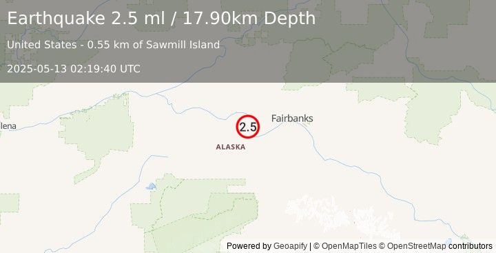 Earthquake CENTRAL ALASKA (2.5 ml) (2025-05-13 02:19:40 UTC)