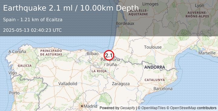 Earthquake PYRENEES (2.1 ml) (2025-05-13 02:40:23 UTC)