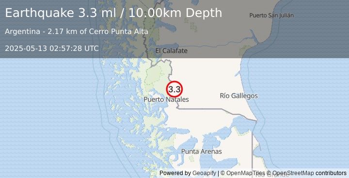 Earthquake SANTA CRUZ, ARGENTINA (3.3 ml) (2025-05-13 02:57:28 UTC)