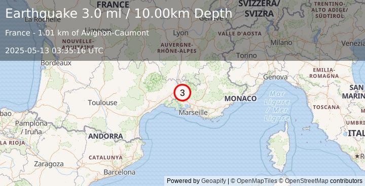 Earthquake NEAR SOUTH COAST OF FRANCE (3.0 ml) (2025-05-13 03:35:16 UTC)
