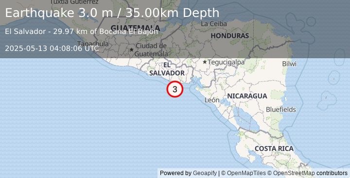 Earthquake OFFSHORE EL SALVADOR (3.0 m) (2025-05-13 04:08:06 UTC)