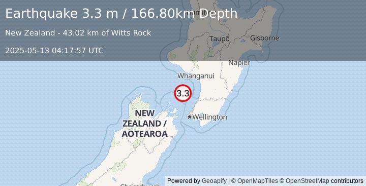 Earthquake COOK STRAIT, NEW ZEALAND (3.3 m) (2025-05-13 04:17:57 UTC)