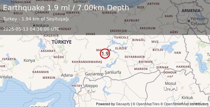 Earthquake EASTERN TURKEY (1.9 ml) (2025-05-13 04:36:00 UTC)