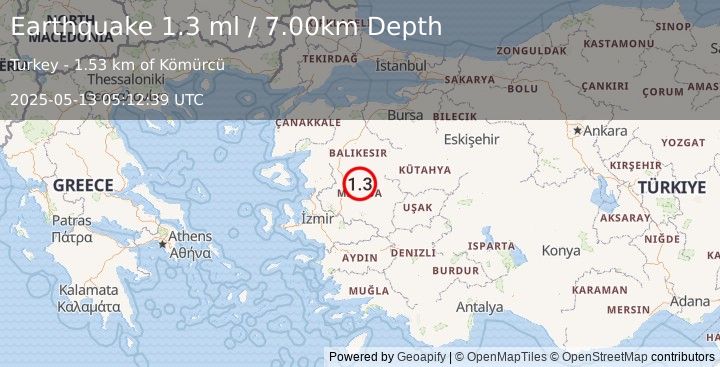 Earthquake WESTERN TURKEY (1.3 ml) (2025-05-13 05:12:39 UTC)