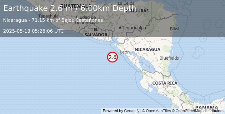 Earthquake NEAR COAST OF NICARAGUA (2.6 m) (2025-05-13 05:26:06 UTC)