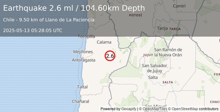 Earthquake ANTOFAGASTA, CHILE (2.6 ml) (2025-05-13 05:28:05 UTC)