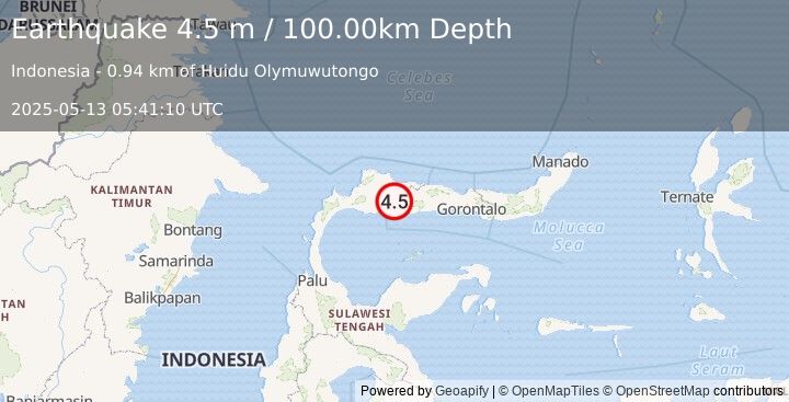 Earthquake MINAHASA, SULAWESI, INDONESIA (4.5 m) (2025-05-13 05:41:10 UTC)