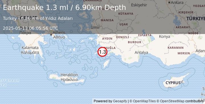 Earthquake DODECANESE IS.-TURKEY BORDER REG (1.3 ml) (2025-05-13 06:05:56 UTC)