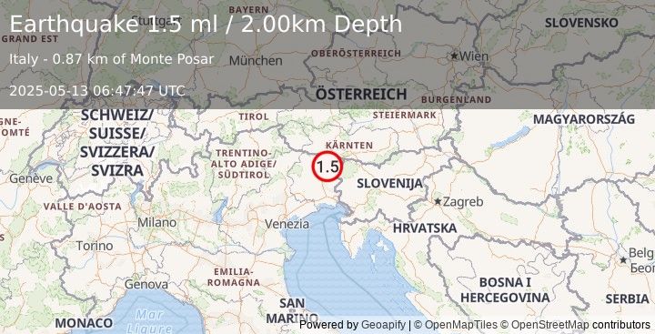 Earthquake NORTHERN ITALY (1.5 ml) (2025-05-13 06:47:47 UTC)