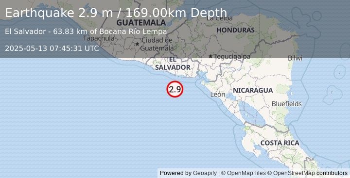 Earthquake OFFSHORE EL SALVADOR (2.5 m) (2025-05-13 07:45:23 UTC)
