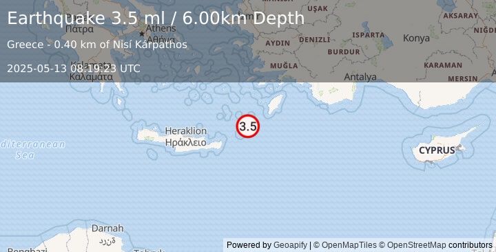 Earthquake DODECANESE ISLANDS, GREECE (3.6 ml) (2025-05-13 08:19:22 UTC)