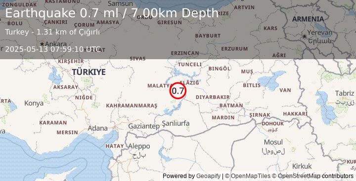 Earthquake EASTERN TURKEY (0.7 ml) (2025-05-13 07:59:10 UTC)