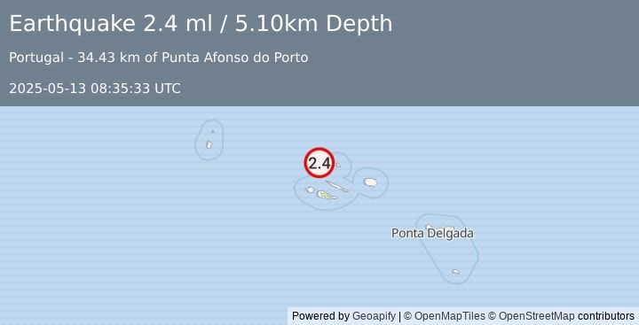 Earthquake AZORES ISLANDS, PORTUGAL (2.4 ml) (2025-05-13 08:35:33 UTC)
