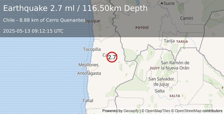 Earthquake ANTOFAGASTA, CHILE (2.7 ml) (2025-05-13 09:12:15 UTC)