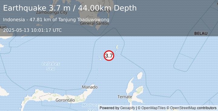 Earthquake KEPULAUAN TALAUD, INDONESIA (3.7 m) (2025-05-13 10:01:17 UTC)