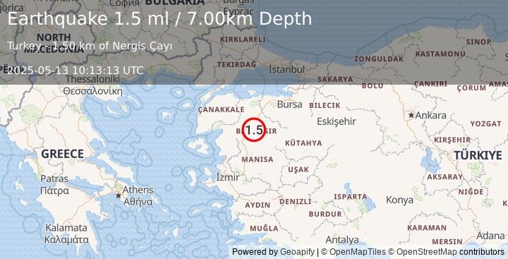 Earthquake WESTERN TURKEY (1.5 ml) (2025-05-13 10:13:13 UTC)