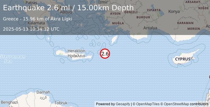 Earthquake DODECANESE ISLANDS, GREECE (2.5 ml) (2025-05-13 10:34:11 UTC)