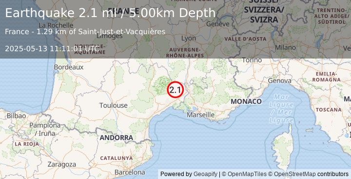 Earthquake FRANCE (2.1 ml) (2025-05-13 11:11:01 UTC)