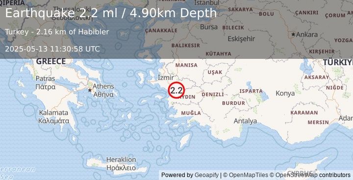 Earthquake WESTERN TURKEY (2.2 ml) (2025-05-13 11:30:58 UTC)