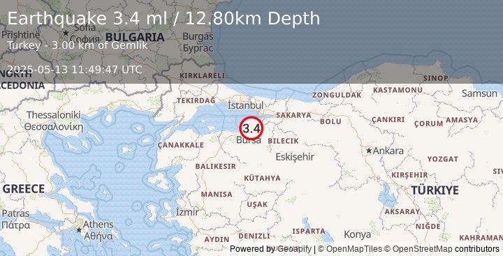 Earthquake WESTERN TURKEY (3.4 ml) (2025-05-13 11:49:47 UTC)