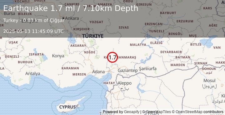 Earthquake CENTRAL TURKEY (1.7 ml) (2025-05-13 11:45:09 UTC)