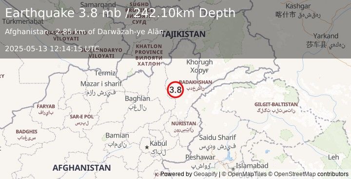 Earthquake HINDU KUSH REGION, AFGHANISTAN (3.8 mb) (2025-05-13 12:14:15 UTC)