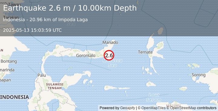 Earthquake MINAHASA, SULAWESI, INDONESIA (2.6 m) (2025-05-13 15:03:59 UTC)