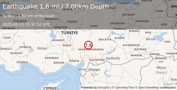 Earthquake CENTRAL TURKEY (1.6 ml) (2025-05-13 15:37:52 UTC)