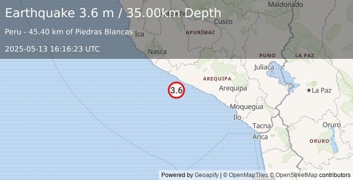 Earthquake NEAR COAST OF SOUTHERN PERU (3.6 m) (2025-05-13 16:16:23 UTC)