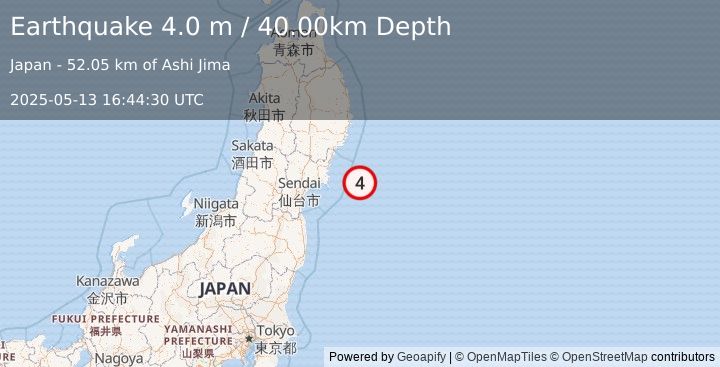Earthquake NEAR EAST COAST OF HONSHU, JAPAN (4.0 m) (2025-05-13 16:44:30 UTC)