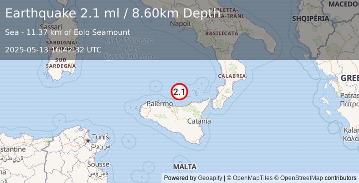 Earthquake SICILY, ITALY (2.1 ml) (2025-05-13 16:42:32 UTC)