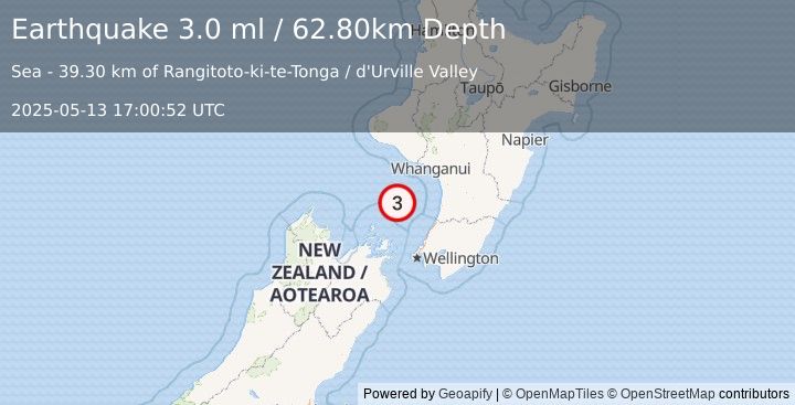 Earthquake COOK STRAIT, NEW ZEALAND (3.0 ml) (2025-05-13 17:00:52 UTC)