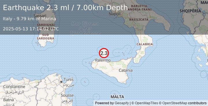 Earthquake SICILY, ITALY (2.3 ml) (2025-05-13 17:14:02 UTC)