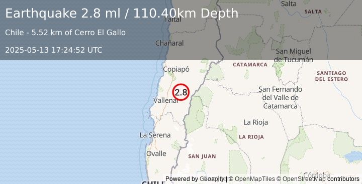 Earthquake ATACAMA, CHILE (2.8 ml) (2025-05-13 17:24:52 UTC)