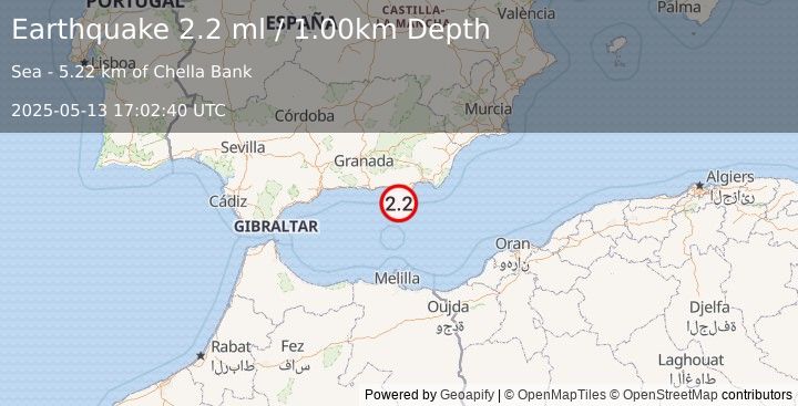 Earthquake STRAIT OF GIBRALTAR (2.2 ml) (2025-05-13 17:02:40 UTC)