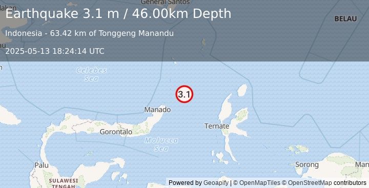 Earthquake MOLUCCA SEA (3.1 m) (2025-05-13 18:24:14 UTC)