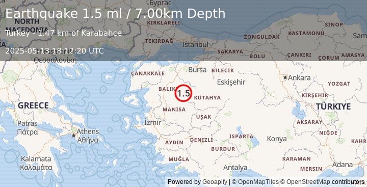 Earthquake WESTERN TURKEY (1.5 ml) (2025-05-13 18:12:20 UTC)