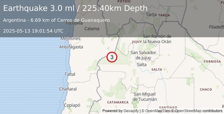 Earthquake SALTA, ARGENTINA (3.0 ml) (2025-05-13 19:01:54 UTC)